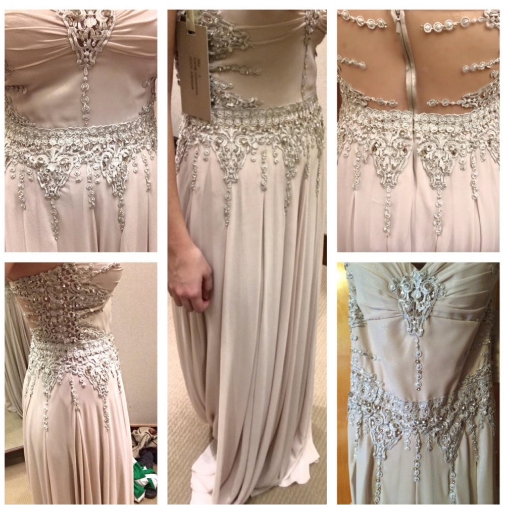 Size 4 Mignon Gown beige w rhinestone details paid $400; asking $50